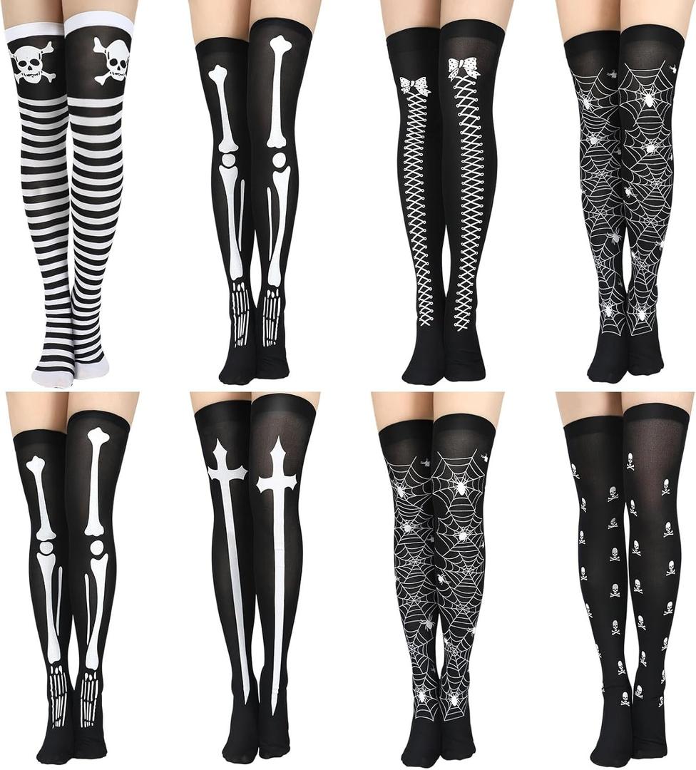 Geyoga 8 Pairs Thigh High Stockings for Women Gothic Skeleton Spooky Socks over Knee Long Socks for Halloween Cosplay (M)