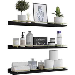 WOPITUES Floating Shelves 24 inch with Gold Metal Guardrail, Shelves for Wall Decor Set of 3, Wall Shelves for Bedroom, Bathroom, Kitchen, Living Room, Plants, Picture Frames, Art- Black and Gold, 23.6 inch