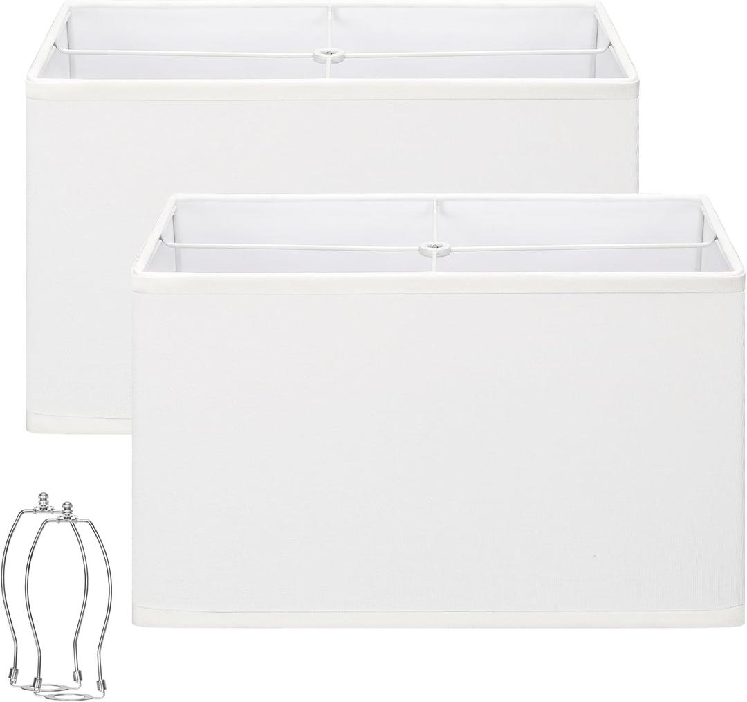 White Rectangle Lamp Shades Set of 2, 16"L x 8"W x 10"H, Large Replacement Lampshades for Table Lamps Floor Lamps, Natural Linen Bedside Lamp Shades, Spider, Harp Holders Included, Easy Assembly