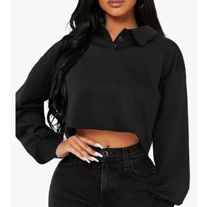 Remidoo Women Cropped Sweatshirt Half Button Down Long Sleeve Crop Top Oversized Sweatshirts Black Large, L