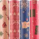 Happypapa Christmas Wrapping Paper, Kraft Xmas Wrapping Paper Rolls - Jingle Bell, Reindeer, Gift and Snowflakes Pattern - 4 Rolls - 17 Inch  120 Inch Per Roll