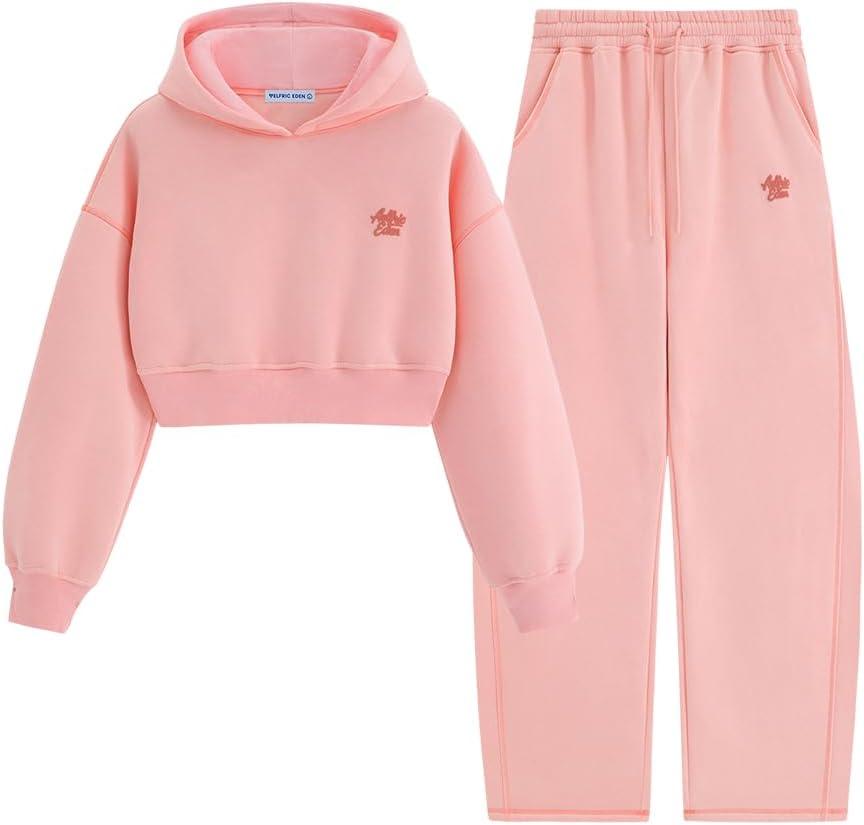 Aelfric Eden Baggy Sweatsuit Set for Womens Fleece 2 Piece Outfits Tracksuit Matching Crop Top Hoodies Barrel Pants (X-Small, Pink)