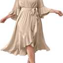 SCOMCHIC Women Plus Size Wedding Guest Maxi Dress Long Sleeve Faux Wrap V Neck High Low Ruffle Cocktail Dress with Belt (3X-Large Plus, Beige)