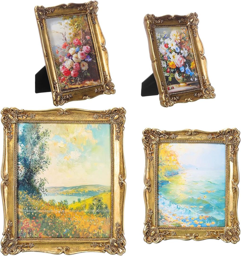 4 Sizes Gold Vintage Antique Picture Frames, Resin Retro Ornate Photo Frame 5x7, 6x8, 8x10, 11x14 with Glass Front for Vintage Wall Hanging Decor Tabletop Display Victorian Poster Frame