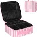 Relavel Travel Makeup Train Case, Cosmetic Case Makeup Organizer, Professional Artist Storage Bag with Adjustable Dividers for Cosmetics Brushes, Birthday Gifts for Girls and Women, Pink Stripe