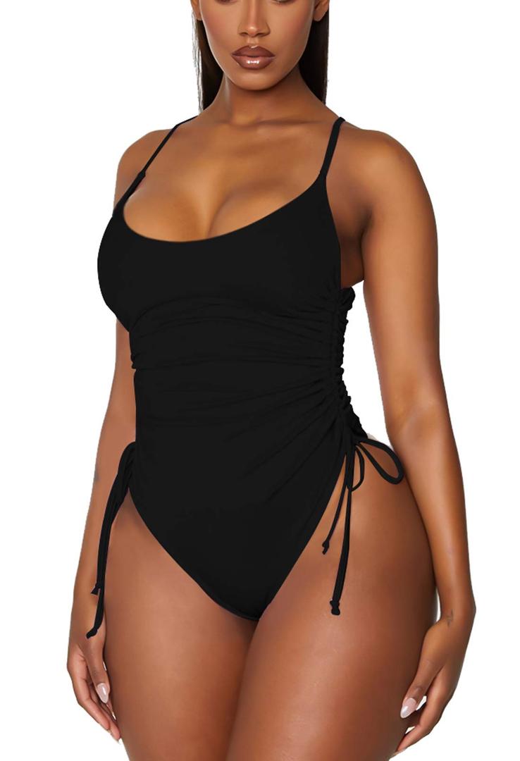 Viottiset Women's Ruched High Cut One Piece Swimsuit Tummy Control Bathing Suit Monokini, Large