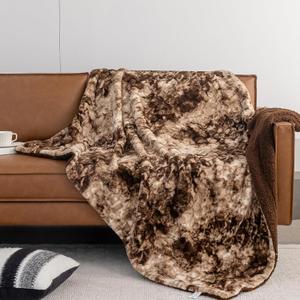 Super Soft Faux Rabbit Fur & Fleece Sherpa Throw Blanket - Ultra Soft Reversible Brushed Tie-dye Throw Blanket for Sofa, Bed and Couch, White, Taupe, 50"x60"
