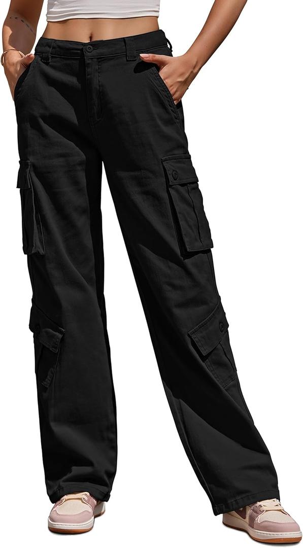 ZMPSIISA Women Pants High Waisted Cargo Pants Combat Military Wide Leg Casual Trousers 8 Pockets(Black, Large)