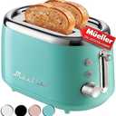 Mueller Retro Toaster 2 Slice with 7 Browning Levels and 3 Functions: Reheat, Defrost & Cancel, Stainless Steel Features, Removable Crumb Tray, Under Base Cord Storage, Turquoise
