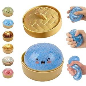 Glitter Dumpling Squishy, Mystery Glitter Dumpling Squishies Box, Colorful Dumpling Stress Balls Fidget, Jumbo Squishy Toy with Steamer Box, Soft Squeeze Decompression Dough Gift (Blue)