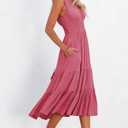 AlvaQ Women Summer Dresses Sleeveless Smocked Midi Dress High Waist Casual Tiered A Line Sundress with Pockets (Pink, M)