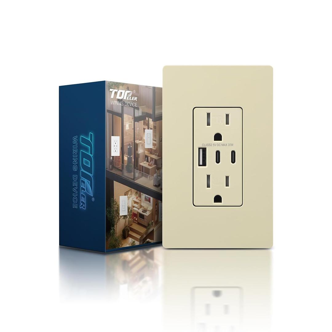 TOPELER Ivory USB Wall Outlet, 30W 6.0A 3 Ports USB Outlet Receptacles with Type A & C Port, 15 Amp Tamper-Resistant Electrical Outlet, Screwless Wall Plate Included, ETL&FCC Listed