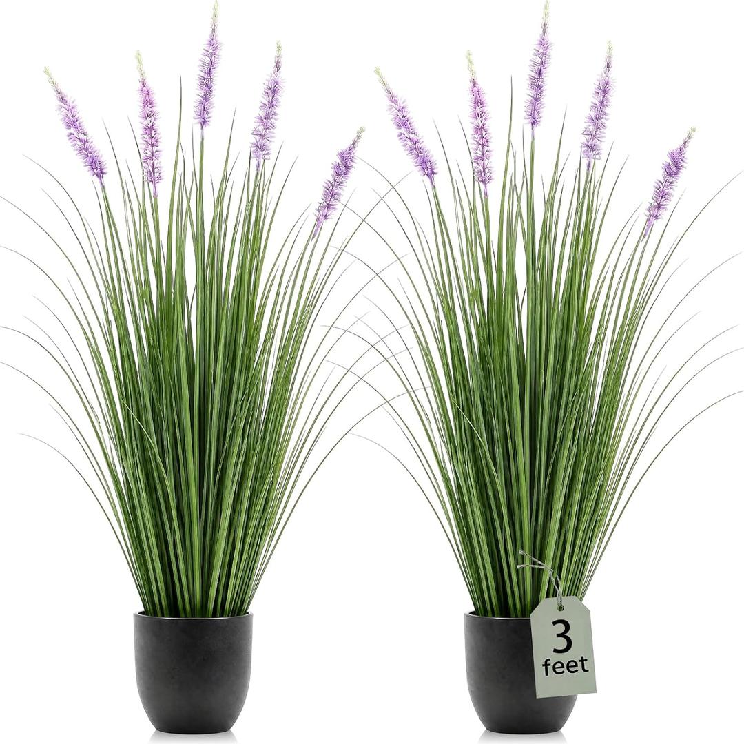 Jexine 2 Pieces Faux Plants Outdoor 3 ft Tall Artificial Lavender Plant Potted Artificial Lavender Faux Greenery Floor Flowers for Housewarming Gift House Garden Bathroom Lobby Outdoor