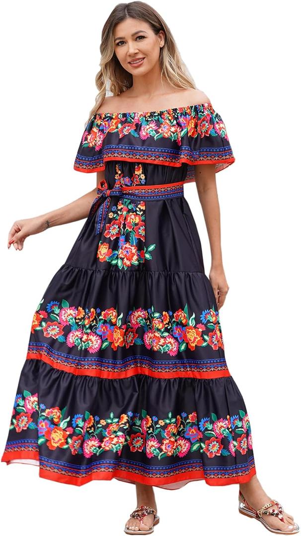 Women Mexican Dress Off Shoulder Floral Long Maxi Dress Summer Beach Party Cinco de Mayo Dresses with Belt (Small, Black)