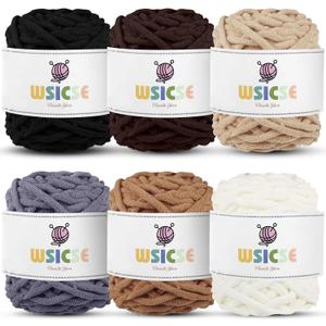 WSICSE Chenille Fluffy Yarn, Thick Chunky Blanket Yarn for Crocheting Plush Soft for Knitting Blanket DIY Gifts, 6 Pack 100g Each 3.5 oz 55 Yards(Brown Series)