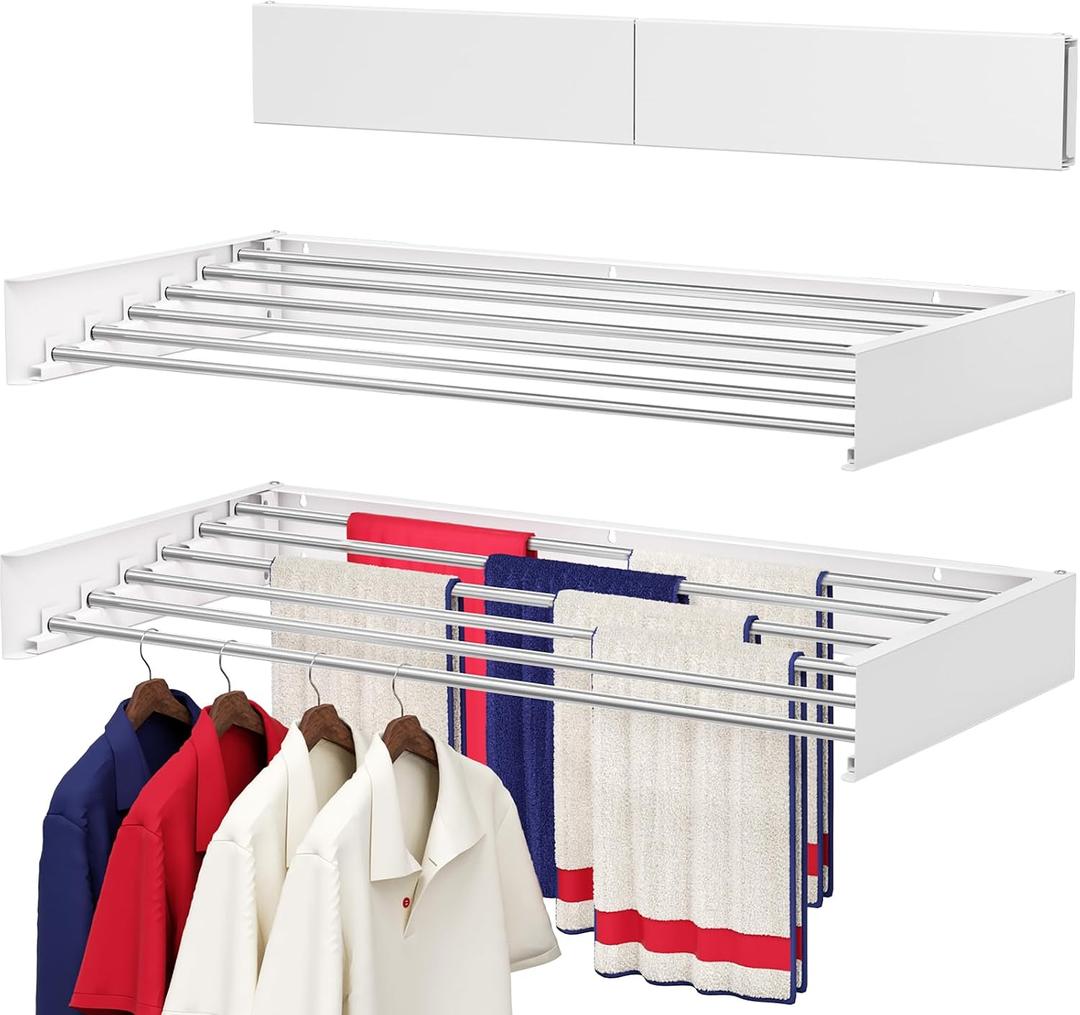 Wall Mounted Drying Rack 40", Foldable Laundry Drying Rack with Stainless Steel Rods, Retractable Laundry Space Saver for Indoor & Outdoor Use, Include Wall Template, 40" Wide