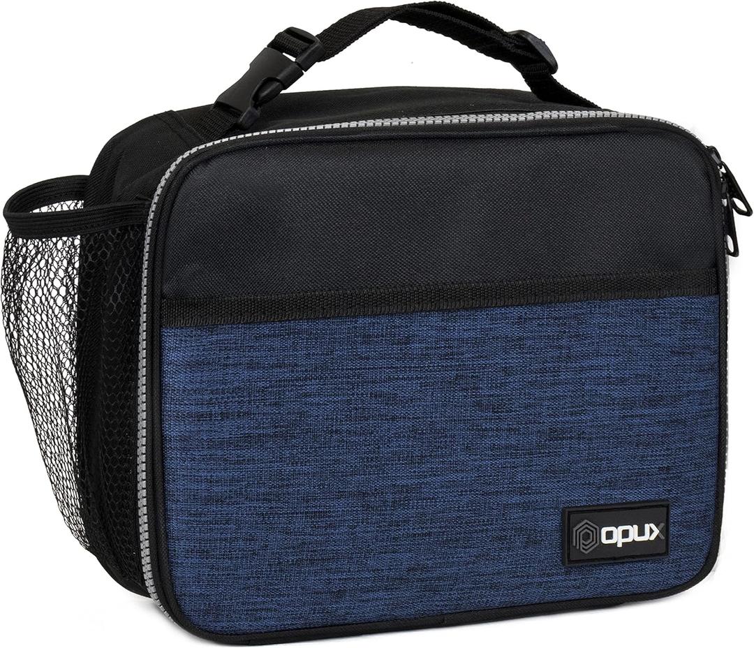 opux Insulated Lunch Bag Kids, Lunch Box for School Boy Girl, Leakproof Small Reusable Compact Soft Mini Cooler Bag, Toddler Small Lunch Boxes Kit Pail with Front Side Pockets (Navy) (One Size)