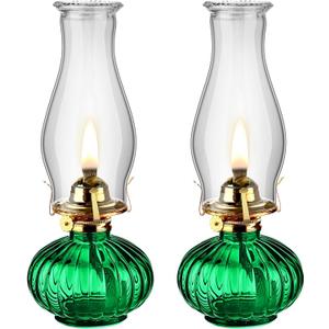 2 Set Chamber Oil Lamp for Indoor Use Classic Kerosene Hurricane Oil Lamp Glass Vintage Large Lantern with Adjustable Fire Wick for Home, 13 inch High(Green)