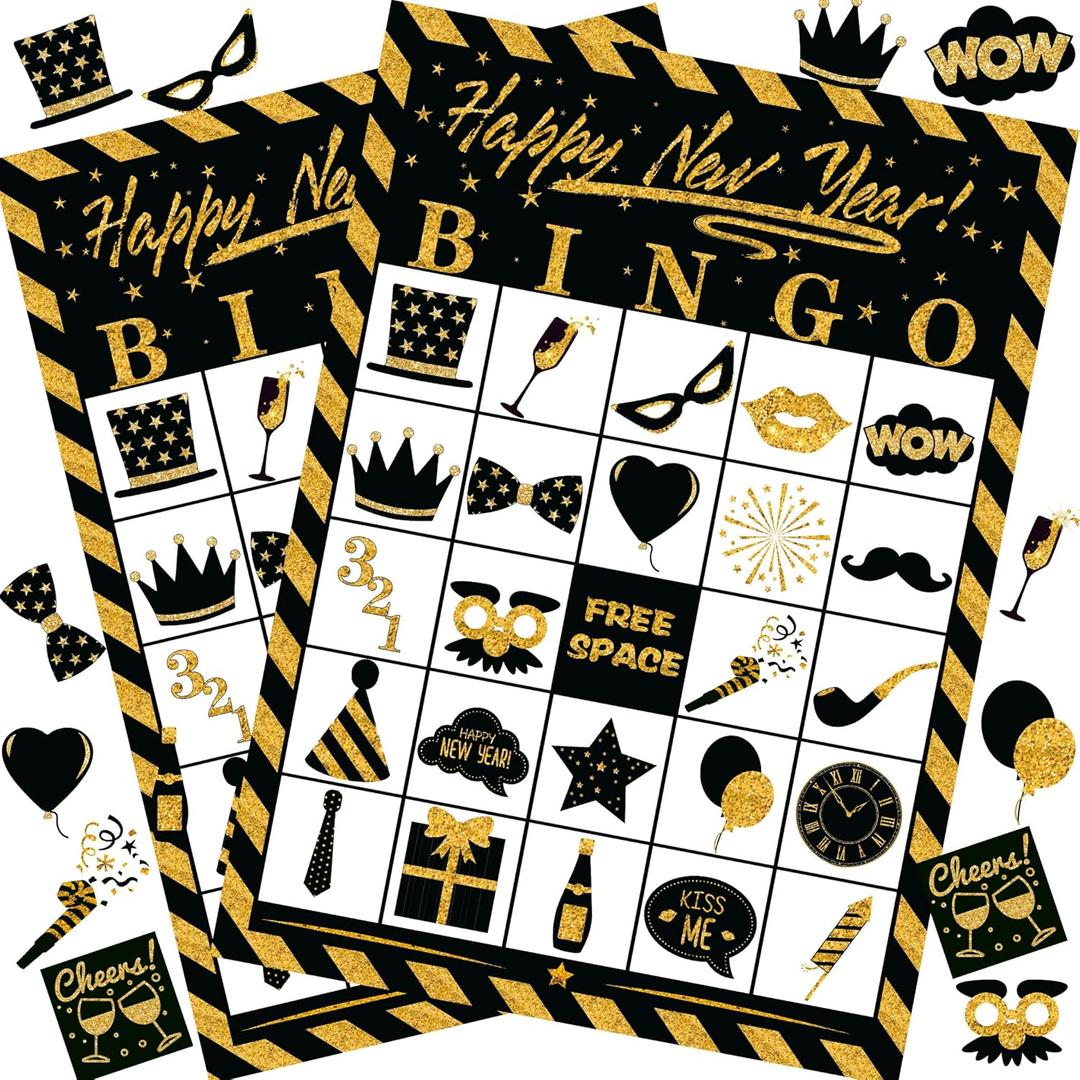 Joy Bang New Years Games for Kids Adults, New Years Bingo Cards 24 Players for Family Friends Large Group, New Years Crafts Activities Party Favors Supplies Gifts for Children