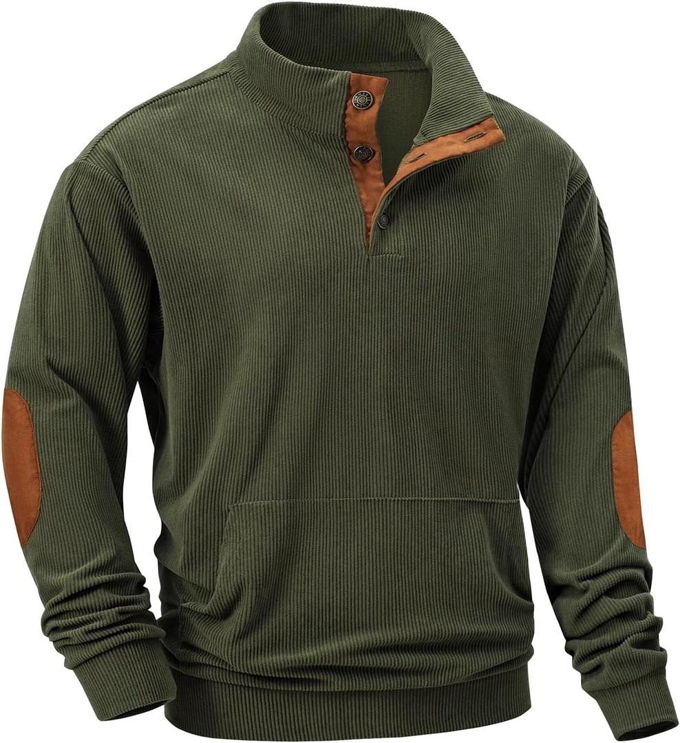 JMIERR Men's Corduroy Sweatshirt Casual Long Sleeve Stand Collar Button Pullover Sweatshirts with Pockets (3X-Large, B Jungle Green)