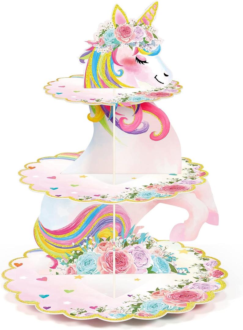 3 Tier Unicorn Cupcake Stand Party Decorations Rainbow Unicorn Birthday Cupcake Holder Dessert Tower for Kids Party Baby Shower Wedding Family, Cute Color
