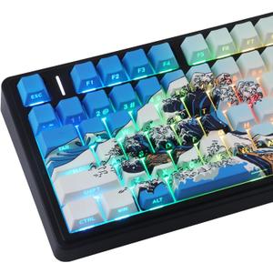 Tsungup PBT Keycaps 75 Percent,Side Print 131 Keys Custom Dye Sub Cool Shine Through Keycap Set,Wave of Kanagawa Light/Sky Blue Keycaps Cherry Profile Keyboard Key Caps for Mechanical Keyboards
