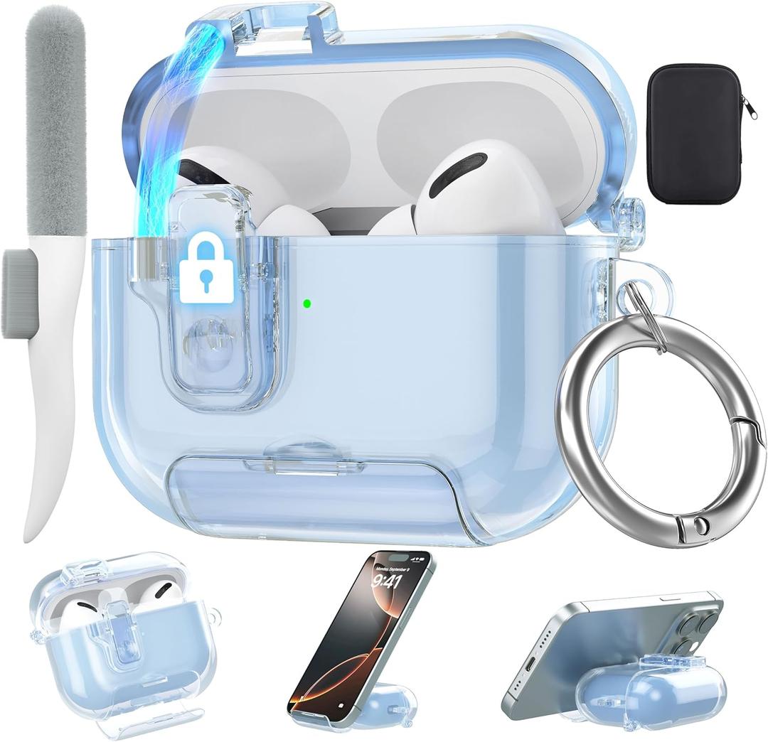 Valkit Compatible with Apple Airpods Pro 3 Case 2025, Clear Magnetic Automatic Lock Cases with Phone Stand &Cleaning Kit for Air pod Pro 3 Gen, iPods Pro 3 Earbuds Keychain Case for Airpod Pro 3, Blue