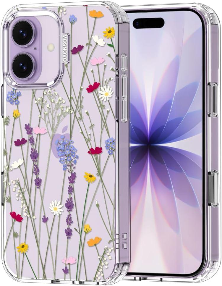 MOSNOVO for iPhone 17 Case | Military Grade 6.6ft Drop Tested | Camera Control | Clear with Floral Garden Design