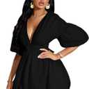 WDIRARA Women's Deep V Neck Puff Sleeve High Rise Flare Dress Elastic Waist Dress, Small