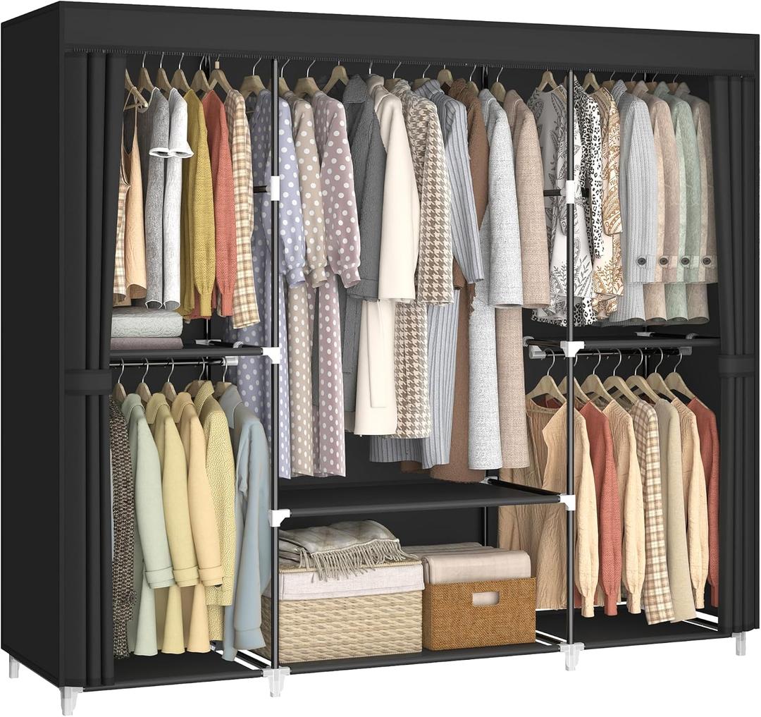 MOGELAFOO 64.5" Closet Wardrobe, Portable Closet for Bedroom, Freestanding Clothes Rack with Non-Woven Fabric Cover, 5 Hanging Rods, 6 Storage Shelves, Clothes Storage Organizer, Black