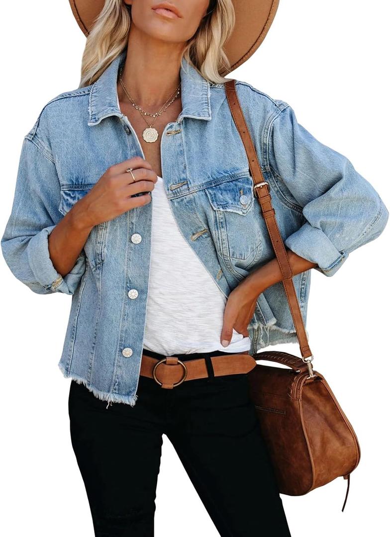 LONGBIDA Women's Jean Jacket Frayed Washed Button Up Cropped Denim Jacket With Pockets (Large, Light Blue)