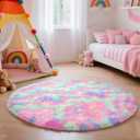 Rainbow Round Rug for Bedroom, 4Ft Fluffy Circle Area Rugs for Living Room, Shag Fuzzy Carpet for Kids Room, Nursery, Dorm, Classroom, Teen, Cute Baby Play Mat Home Decor Aesthetic