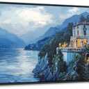 QZQCBLC Landscape Canvas Wall Art, Blue Mountains Lake Houses Green Trees Scenery Framed Paintings Artwork for Living room Bathroom Bedroom Home Office Wall Pictures Decor 20x40 IN (40L" x 20W")