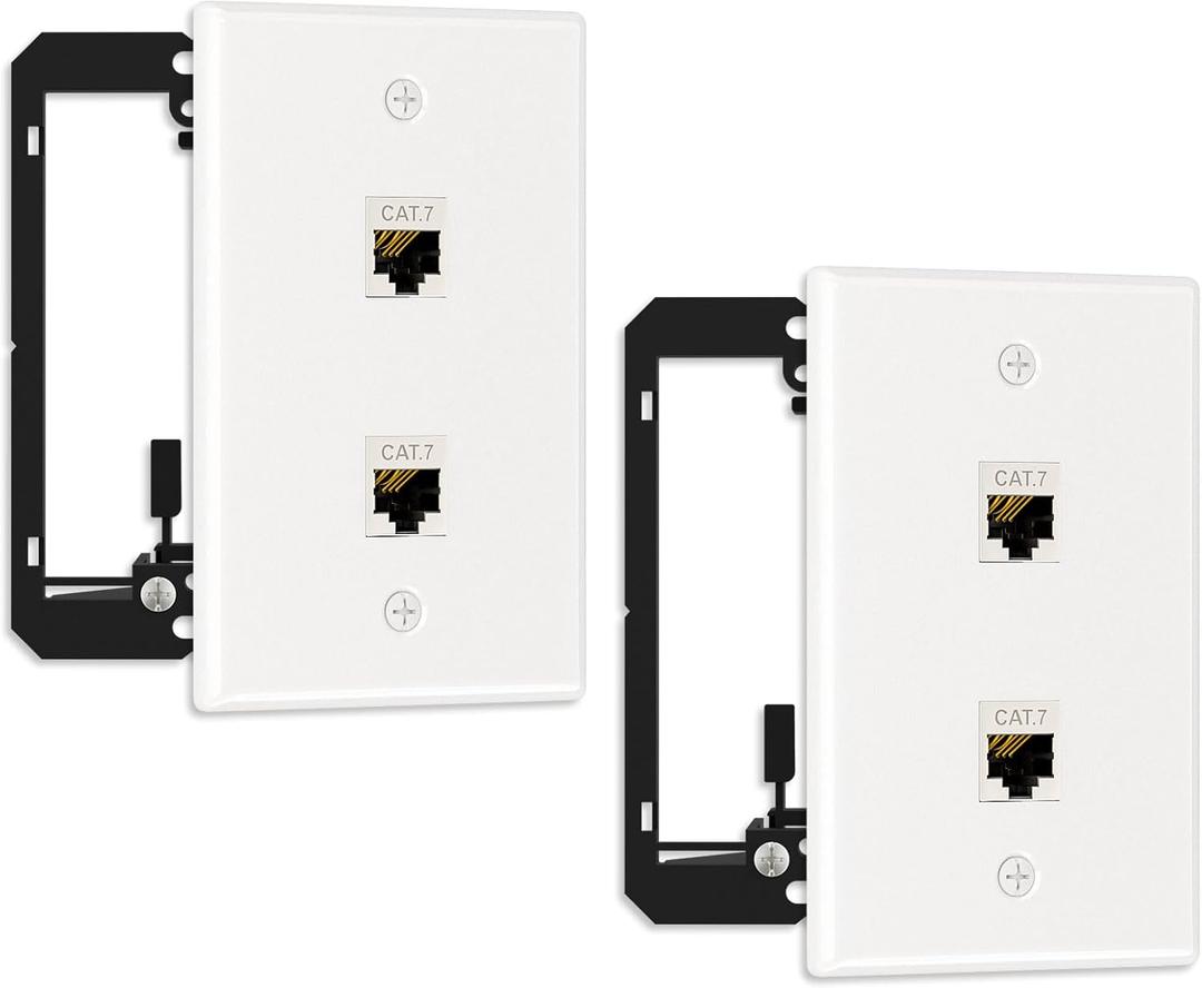 FGB 2 Pack Ethernet Wall Plate, 2 Port Keystone Wall Plate with Bracket and Cat7 Shielded RJ45 Keystone Coupler, Single Gang Ethernet Wall Plate with Mounting Bracket