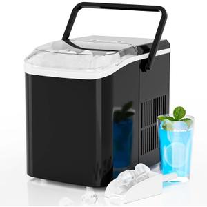 Sweetcrispy Countertop Ice Maker Machine, Portable Self-Cleaning Ice Machine with Ice Scoop, Basket and Handle, 9 Cubes in 6 Mins, 26.5lbs/24Hrs, 2 Sizes of Bullet Ice for Home Kitchen, Coal Black
