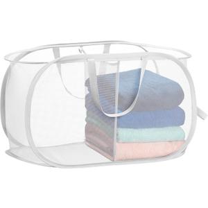 Handy Laundry Foldable Laundry Basket - Popup and Collapsible, Durable Mesh Material, Folds for Storage, Easy Carry Handles, Hamper for College Dorm, Laundry Room or Travel (White | 2-Compartments)