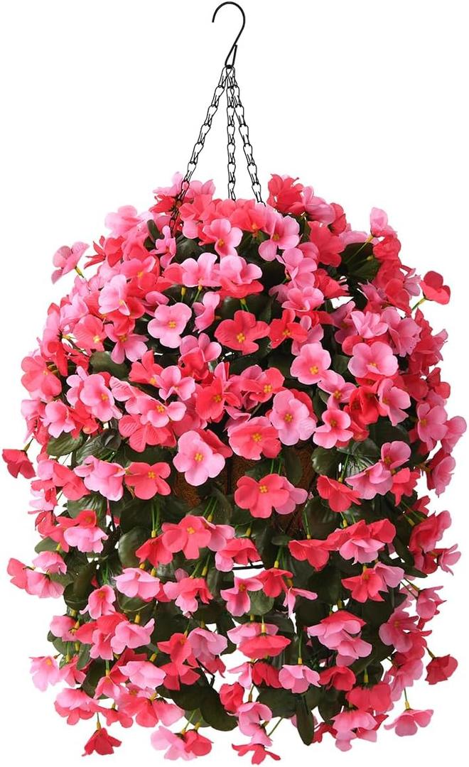 INQCMY Artificial Hanging Flowers Basket for Outdoors Spring Summer Decoration,Faux Silk Begonia in Planter Look Real UV Resistant for Outside Home Porch Patio Garden Balcony Yard DecorDeep Pink