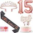 15th Birthday Decorations for Girls with Black Mis Quince 15 Sash and Crown, Cake Topper and Candles, Number Balloons Rose Gold, Quinceanera Decorations Gifts