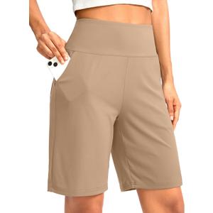 G Gradual Women's Bermuda Long Shorts with Pockets 9" High Waisted Knee Length Shorts for Women Walking Athletic Workout (Khaki)