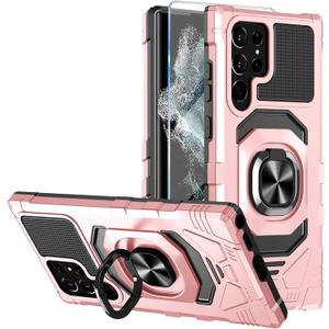 Heavy Duty Protection Case for Samsung Galaxy S22 Ultra Phone Case with Built-in Screen Protector, Military Grade Shockproof 360 Degree Metall Ring Kickstand Travel Cover Shell (Pink)