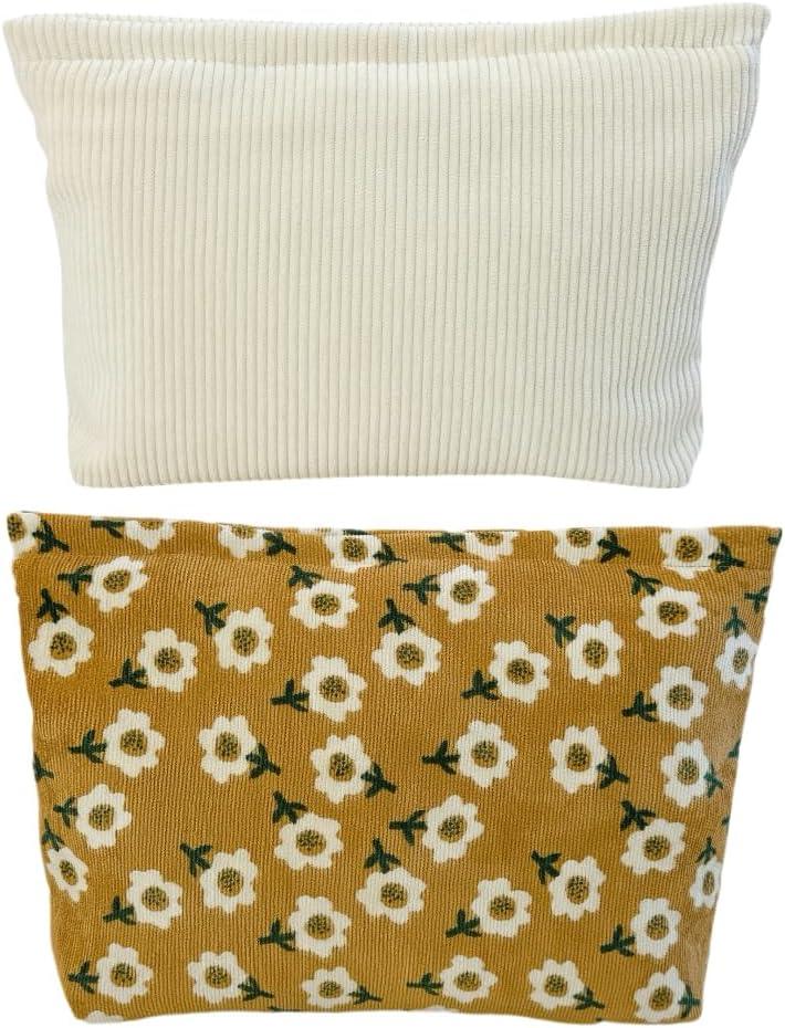 2 makeup bags Women's floral lamp core velvet canvas makeup bag, travel makeup bag, wallet storage, khaki and cute beige