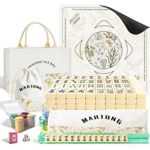 American Mahjong Tiles Set with Noise Reducing Mahjong Mat, 166 White Mahjong Game with Portable Storage Bags, 4 All-in-One Color Rack/Pushers, Scoring, Plastic Coins Dices for Adults & Beginners