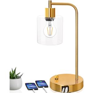 Gold Industrial Table Lamp with 2 USB Ports, Elizabeth Vintage Desk Lamp with Glass Shade, Stepless Dimmable Bedside Reading Lamp for Bedroom Living Room Office, LED Nightstand Lamp with E26 Bulb