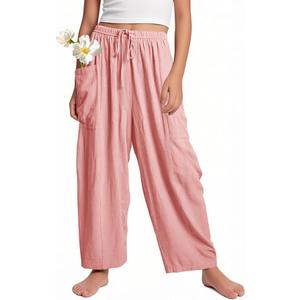 Flygo Girls Wide Leg Pants Casual Flowy Elastic Waist Palazzo Harem Trousers with Pockets, Size XL