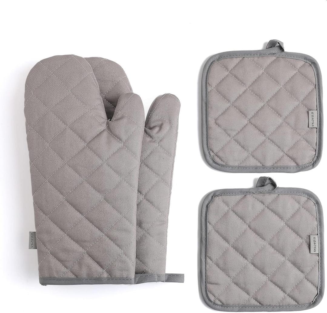 Oven Mitts and Pot Holders 4 pcs Set, High Heat Resistant 500 Degree Extra Thicken Long Kitchen Cotton Oven Glove for Cooking (12 Inch, Grey)