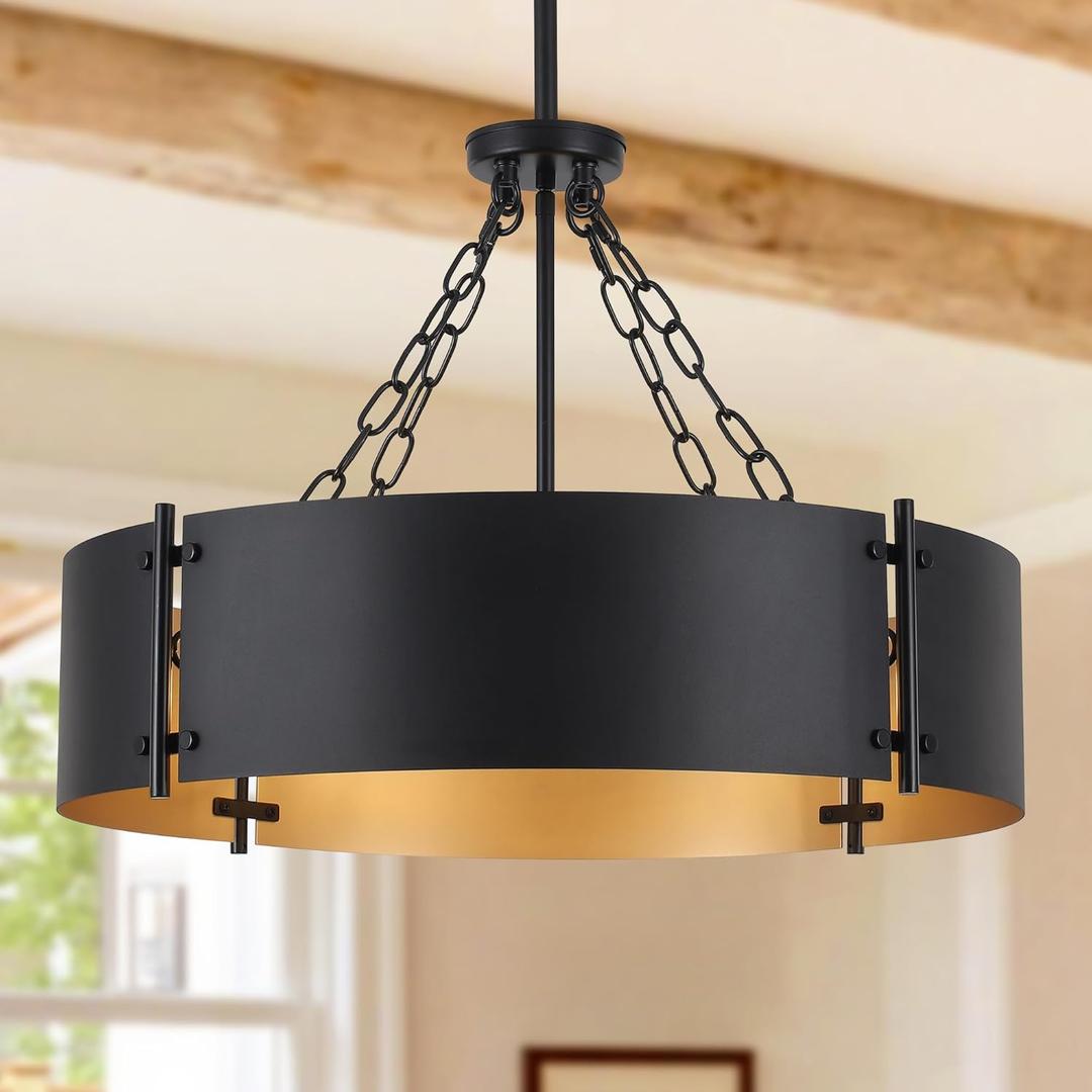 23.62'' Modern Drum Chandelier 6-Light Farmhouse Black and Gold Dining Room Light Fixture Industrial Large Pendant Lighting Rustic Hanging Light Fixtures Chandeliers for Living Room Kitchen Entryway
