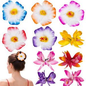 Hawaiian Flower Hair Clips, 10 Pcs Colorful Hibiscus Orchid Floral Hairpin, Summer Tropical Flower Barrettes, Hawaiian Hair Accessories for Hawaii Vacation Beach Pool Party Photo Props