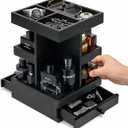 Rotating Cologne Organizer for Men Black Wooden Perfume Stand with Dual Drawers, Multi-Tier Fragrance Display & Jewelry Storage for Dresser or Bathroom