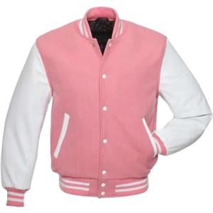 Mens Varsity Jackets Baseball Letterman Wool Body Genuine Leather Sleeves Bomber American Style Varsity Jacket (Large, Pink Body and White Sleeves)