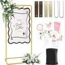 Wedding Welcome Sign Stand, Welcome to our Wedding Sign Holder, Gold Easel Stand for Sign Poster With Design Bundle & Ground Stakes & Leather Sign Hanging Straps, Linen Sign Stand for Wedding Decor